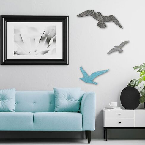 3pcs Wood Seagull Wall Decor, Nautical Coastal Theme Wall Art Self Adhesive Sea Birds Lake House Beach Ocean Decoration Vintage Ornaments for Home Bathroom Living Room in Saudi Arabia
