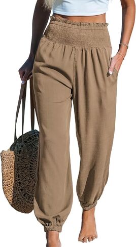 CUPSHE Women Pants Smocked Pockets Waist Wide Leg Ruffle Loose Fit Pant Casual Beach in Saudi Arabia
