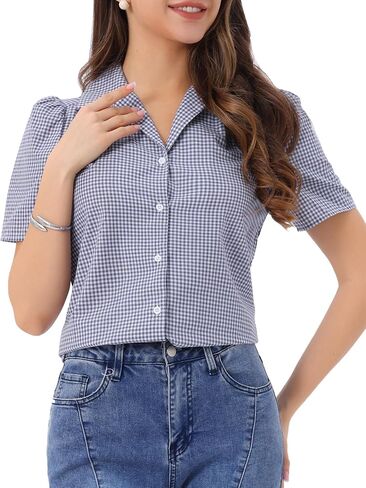 Allegra K Summer Gingham Blouse for Women's Short Sleeve Vintage Button Down Plaid Shirt Top in Saudi Arabia