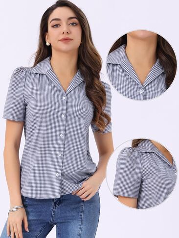 Allegra K Summer Gingham Blouse for Women's Short Sleeve Vintage Button Down Plaid Shirt Top in Saudi Arabia