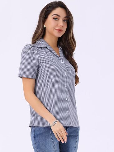 Allegra K Summer Gingham Blouse for Women's Short Sleeve Vintage Button Down Plaid Shirt Top in Saudi Arabia
