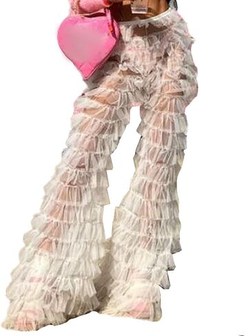 xxxiticat Women's Tulle Sheer Mesh Trouser High Waist See Through Tiered Ruffled Beach Cover Up Party Tulle Wide Leg Pants in Kuwait