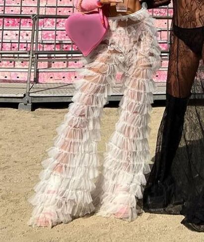 xxxiticat Women's Tulle Sheer Mesh Trouser High Waist See Through Tiered Ruffled Beach Cover Up Party Tulle Wide Leg Pants in Kuwait