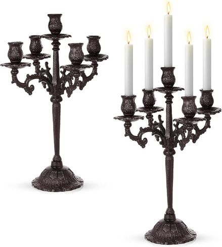 Mumufy 2 Pcs 5 Arm Black Candelabra 16.7" Tall Cast Iron Candlestick Holders Vintage Gothic Candles Holder Stand Decorative Table Centerpieces for Halloween Wedding Christmas Birthday Home Party in Saudi Arabia