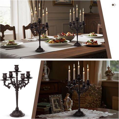 Mumufy 2 Pcs 5 Arm Black Candelabra 16.7" Tall Cast Iron Candlestick Holders Vintage Gothic Candles Holder Stand Decorative Table Centerpieces for Halloween Wedding Christmas Birthday Home Party in Saudi Arabia