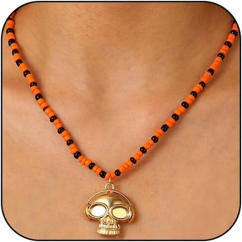 Halloween Beaded Stretch Pumpkin Pendant Necklace for Women Smiling Face Pumpkin Skull Pendant Necklace Halloween Gothic Jewelry in Saudi Arabia