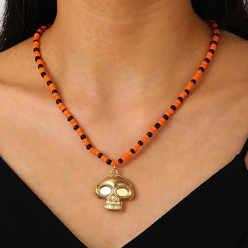 Halloween Beaded Stretch Pumpkin Pendant Necklace for Women Smiling Face Pumpkin Skull Pendant Necklace Halloween Gothic Jewelry in Saudi Arabia