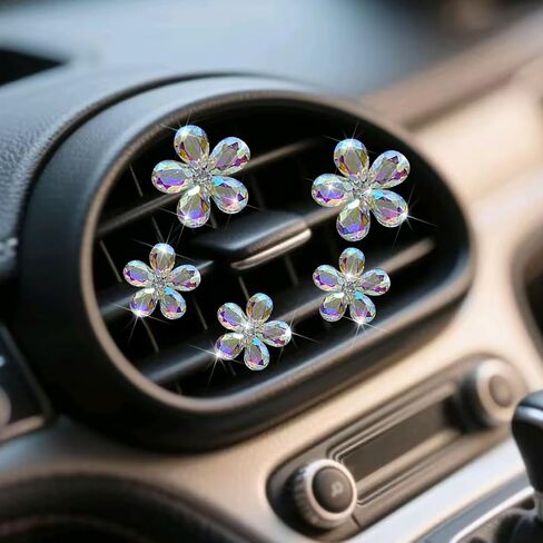 Bling Daisy Flower Car Air Vent Clips, 5PCS Sparkling Crystal Rhinestone Cute Vehicle Air Conditioning Clamp, Diamond Auto Air Outlet Clip Decor for Women Girls, Universal Fit (Multicolor) in Kuwait