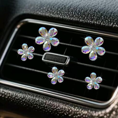 Bling Daisy Flower Car Air Vent Clips, 5PCS Sparkling Crystal Rhinestone Cute Vehicle Air Conditioning Clamp, Diamond Auto Air Outlet Clip Decor for Women Girls, Universal Fit (Multicolor) in Kuwait