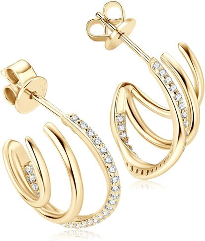 AINUOSHI Moissanite Split Huggie Earrings Triple Hoop Stud Earrings for Women, 925 Sterling Silver with 18K White Gold Plated & 14K Yellow Gold Plated, Hypoallergenic, Jewelry Box Packed in Saudi Arabia