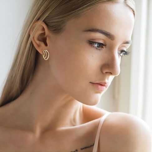 AINUOSHI Moissanite Split Huggie Earrings Triple Hoop Stud Earrings for Women, 925 Sterling Silver with 18K White Gold Plated & 14K Yellow Gold Plated, Hypoallergenic, Jewelry Box Packed in Saudi Arabia