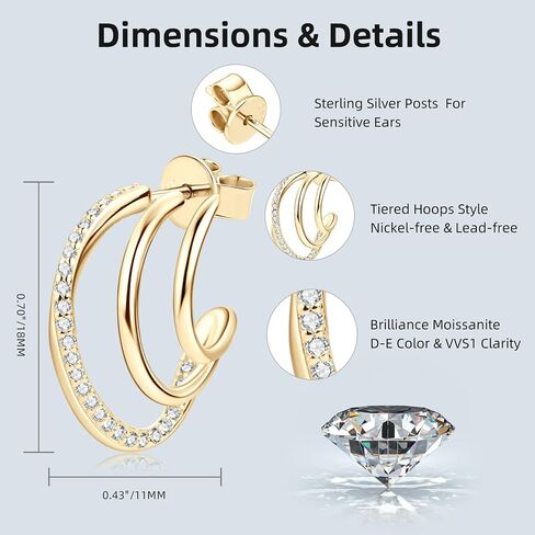 AINUOSHI Moissanite Split Huggie Earrings Triple Hoop Stud Earrings for Women, 925 Sterling Silver with 18K White Gold Plated & 14K Yellow Gold Plated, Hypoallergenic, Jewelry Box Packed in Saudi Arabia