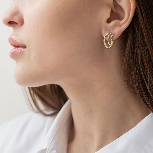 AINUOSHI Moissanite Split Huggie Earrings Triple Hoop Stud Earrings for Women, 925 Sterling Silver with 18K White Gold Plated & 14K Yellow Gold Plated, Hypoallergenic, Jewelry Box Packed in Saudi Arabia
