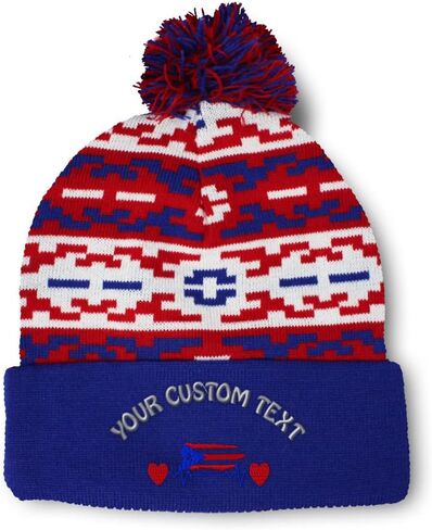Custom Pom Pom Beanies for Women Puerto Rico Flag Lifeline Embroidery Skull Cap Winter Hats for Men 1 Size in Saudi Arabia