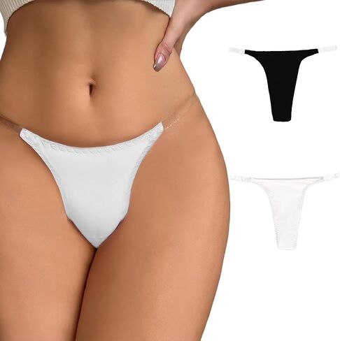QueenVibes Women's 2 Pack Clear Strap G String Thongs Invisible (Black, White) - M in Kuwait