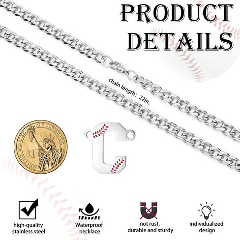 QINJIEJIE Initial Baseball Necklace A-Z Letter Necklaces Sports Accessories Drip Baseball Charm Pendant Jewelry Stainless Steel Silver Chain 22inch Personalized Gift for Men Lover Fans in Saudi Arabia