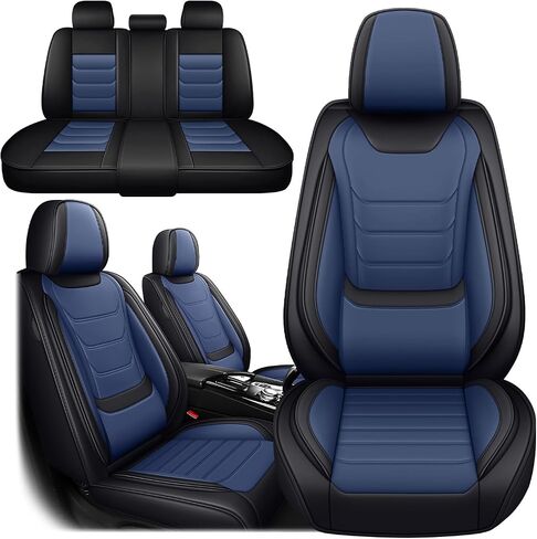 أغطية مقاعد جلد نابا مجموعة كاملة لسيارة Nissan Frontier 2000-2025، 5 مقاعد غطاء مقعد السيارة مقاوم للماء والتمزق داخل تصميم سحاب وفتحات فتح محفوظة (مجموعة كاملة قياسية / أسود أزرق) in Kuwait