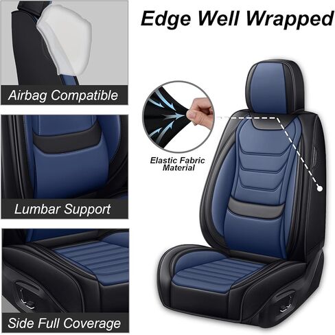أغطية مقاعد جلد نابا مجموعة كاملة لسيارة Nissan Frontier 2000-2025، 5 مقاعد غطاء مقعد السيارة مقاوم للماء والتمزق داخل تصميم سحاب وفتحات فتح محفوظة (مجموعة كاملة قياسية / أسود أزرق) in Kuwait