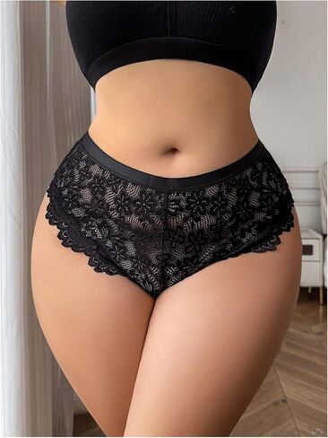 ملابس داخلية نسائية من MakeMeChic مقاس كبير مثيرة من الدانتيل المزين بالزهور، ملابس داخلية قصيرة ذات حلقة متصلة عالية الارتفاع in Saudi Arabia