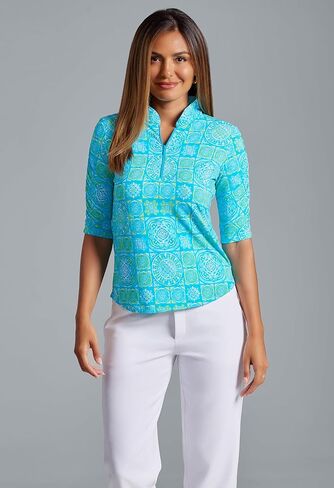 IBKUL Athleisure Wear واقي من الشمس بعامل حماية من أشعة الشمس 50+ Icefil Cooling-Colette طباعة Ruched الكوع طول الأكمام Top-41090 in Kuwait