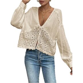 SweatyRocks Women's Hollow Out Eyelet Blouse Shirt Long Sleeve Oversized Button Down Holiday Shirt in Saudi Arabia