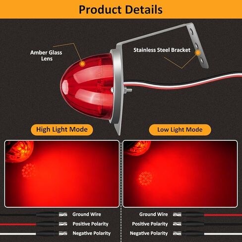 D-Lumina LED Watermelon Lights with Stainless Steel Bracket for Kenworth Peterbilt Freightliner, Semi Trucks Trailers Turn Signal Marker Replacement Glass Lens Red Bezel Marker Lights, Pack of 2 in Saudi Arabia