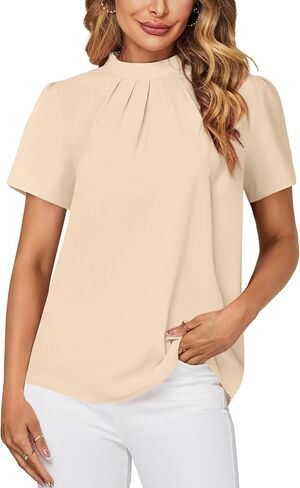 Rooscier Women's Dressy Mock Neck Pleated Short Sleeve Chiffon Blouse Office Shirt Top in Saudi Arabia
