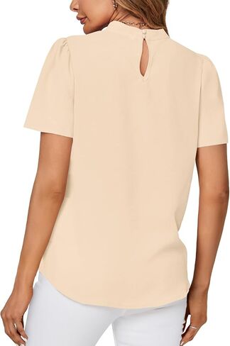 Rooscier Women's Dressy Mock Neck Pleated Short Sleeve Chiffon Blouse Office Shirt Top in Saudi Arabia