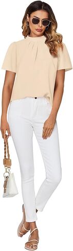 Rooscier Women's Dressy Mock Neck Pleated Short Sleeve Chiffon Blouse Office Shirt Top in Saudi Arabia