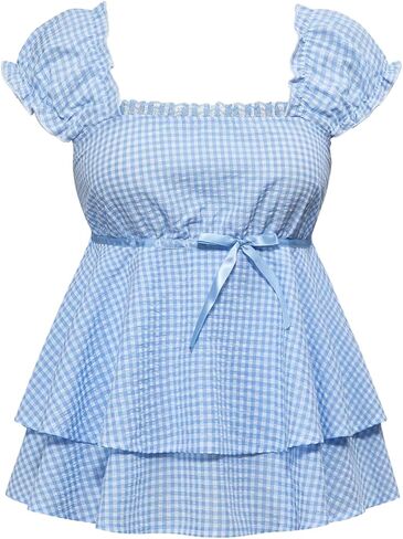 MakeMeChic Women's Y2K Cute Plaid Gingham Cap Sleeve Blouse Square Neck Tiered Ruffle Shirred Tops in Saudi Arabia