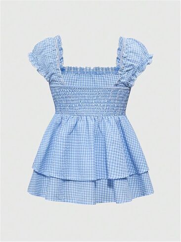MakeMeChic Women's Y2K Cute Plaid Gingham Cap Sleeve Blouse Square Neck Tiered Ruffle Shirred Tops in Saudi Arabia