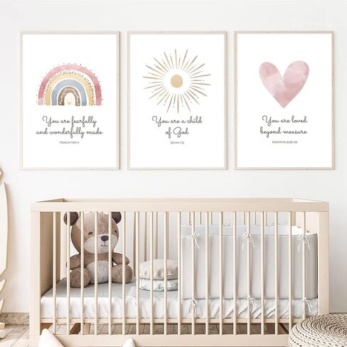 Boho Nursery Wall Art 3 Pieces Bible Verse Nursery Art Christian Girls Nursery Wall Art Heart Rainbow Sun Nursery Art Print Boho Sunshine Decor for Girl Baby Kid Room Decor 12x16 Inch Unframed in Saudi Arabia