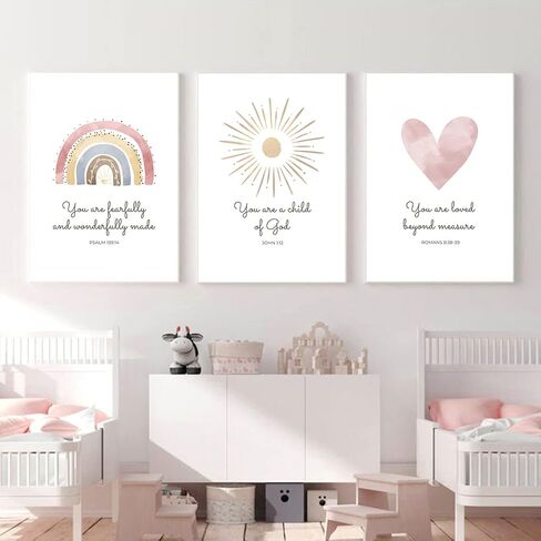 Boho Nursery Wall Art 3 Pieces Bible Verse Nursery Art Christian Girls Nursery Wall Art Heart Rainbow Sun Nursery Art Print Boho Sunshine Decor for Girl Baby Kid Room Decor 12x16 Inch Unframed in Saudi Arabia