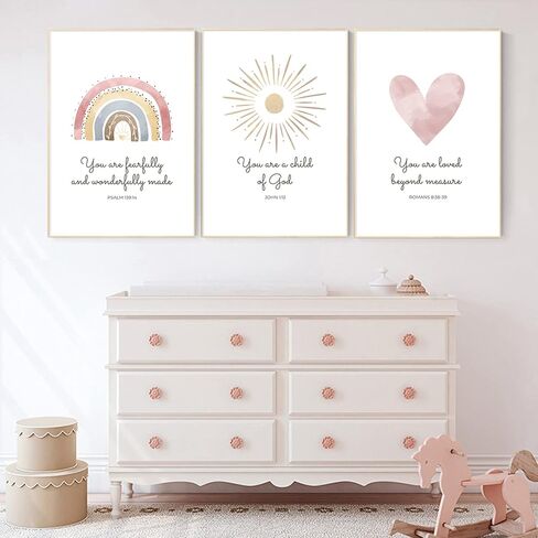 Boho Nursery Wall Art 3 Pieces Bible Verse Nursery Art Christian Girls Nursery Wall Art Heart Rainbow Sun Nursery Art Print Boho Sunshine Decor for Girl Baby Kid Room Decor 12x16 Inch Unframed in Saudi Arabia