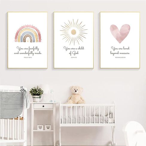 Boho Nursery Wall Art 3 Pieces Bible Verse Nursery Art Christian Girls Nursery Wall Art Heart Rainbow Sun Nursery Art Print Boho Sunshine Decor for Girl Baby Kid Room Decor 12x16 Inch Unframed in Saudi Arabia