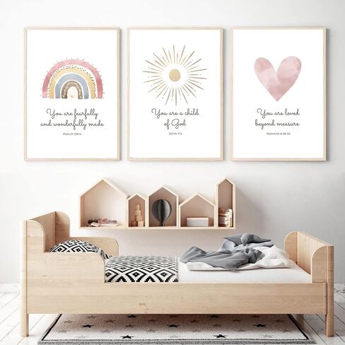 Boho Nursery Wall Art 3 Pieces Bible Verse Nursery Art Christian Girls Nursery Wall Art Heart Rainbow Sun Nursery Art Print Boho Sunshine Decor for Girl Baby Kid Room Decor 12x16 Inch Unframed in Saudi Arabia