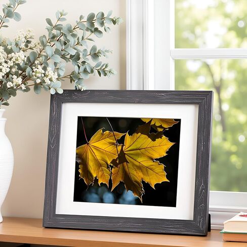 11x14 inch Reclaimed Barn Wood Picture Frame, Wall or Desktop Display Option, Real Glass, with Mat for 8 x10 inch Photos, Frinearts, Distressed Black in Kuwait