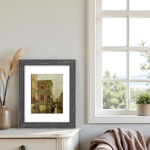 11x14 inch Reclaimed Barn Wood Picture Frame, Wall or Desktop Display Option, Real Glass, with Mat for 8 x10 inch Photos, Frinearts, Distressed Black in Kuwait