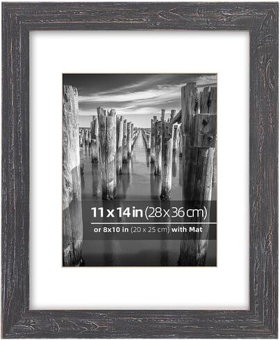 11x14 inch Reclaimed Barn Wood Picture Frame, Wall or Desktop Display Option, Real Glass, with Mat for 8 x10 inch Photos, Frinearts, Distressed Black in Kuwait