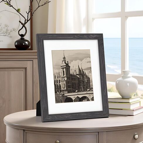 11x14 inch Reclaimed Barn Wood Picture Frame, Wall or Desktop Display Option, Real Glass, with Mat for 8 x10 inch Photos, Frinearts, Distressed Black in Kuwait