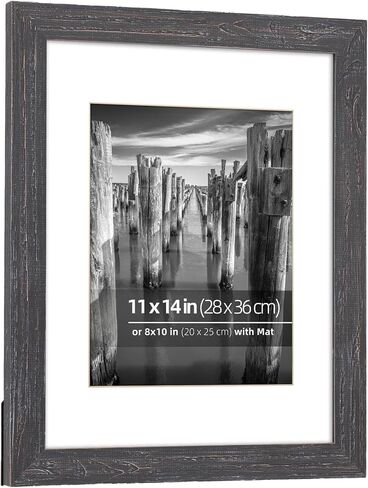 11x14 inch Reclaimed Barn Wood Picture Frame, Wall or Desktop Display Option, Real Glass, with Mat for 8 x10 inch Photos, Frinearts, Distressed Black in Kuwait