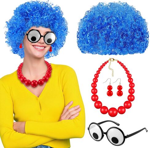 4 Pcs Halloween Women Cartoon Cosplay Costume for Adult Blue Curly Wig Funny Eyeball Glasses Red Strand Choker Necklace Earrings for Dress up in Saudi Arabia