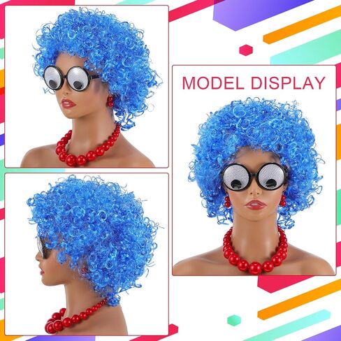 4 Pcs Halloween Women Cartoon Cosplay Costume for Adult Blue Curly Wig Funny Eyeball Glasses Red Strand Choker Necklace Earrings for Dress up in Saudi Arabia