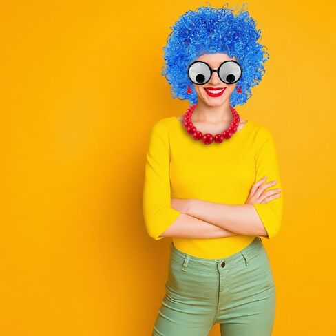 4 Pcs Halloween Women Cartoon Cosplay Costume for Adult Blue Curly Wig Funny Eyeball Glasses Red Strand Choker Necklace Earrings for Dress up in Saudi Arabia