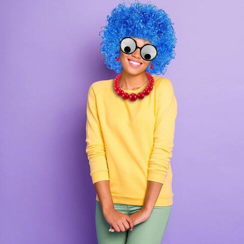4 Pcs Halloween Women Cartoon Cosplay Costume for Adult Blue Curly Wig Funny Eyeball Glasses Red Strand Choker Necklace Earrings for Dress up in Saudi Arabia
