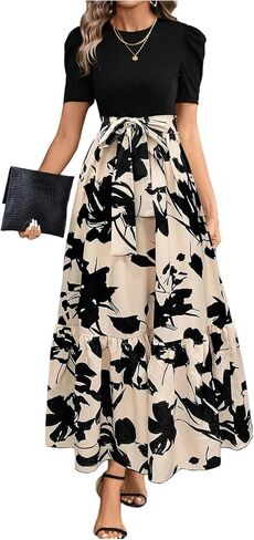 WDIRARA Women's Floral Print Color Block Maxi Dress Puff Sleeve Belted A Line Dresses in Saudi Arabia