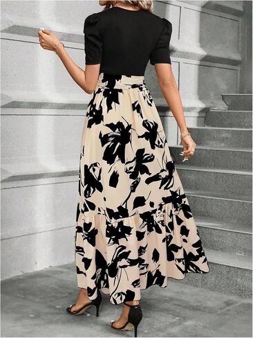 WDIRARA Women's Floral Print Color Block Maxi Dress Puff Sleeve Belted A Line Dresses in Saudi Arabia