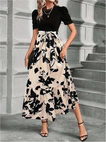 WDIRARA Women's Floral Print Color Block Maxi Dress Puff Sleeve Belted A Line Dresses in Saudi Arabia
