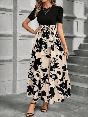 WDIRARA Women's Floral Print Color Block Maxi Dress Puff Sleeve Belted A Line Dresses in Saudi Arabia
