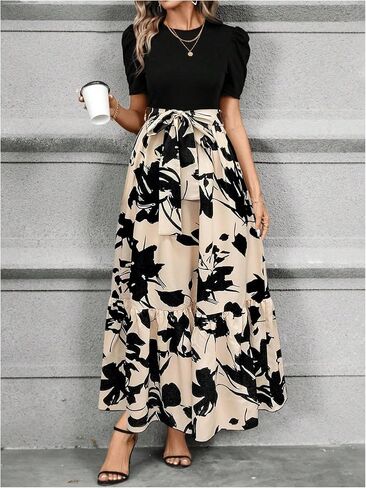 WDIRARA Women's Floral Print Color Block Maxi Dress Puff Sleeve Belted A Line Dresses in Saudi Arabia